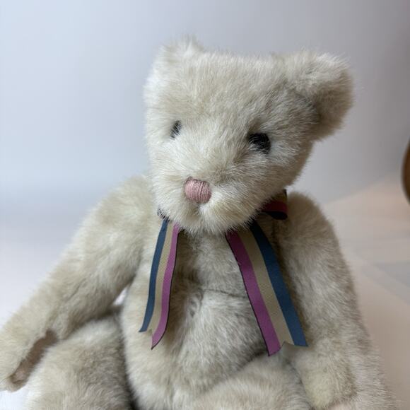 RARE TY Classic Teddy Bear Light Gray Brown with Maroon Navy Striped Bow - Picture 2 of 10